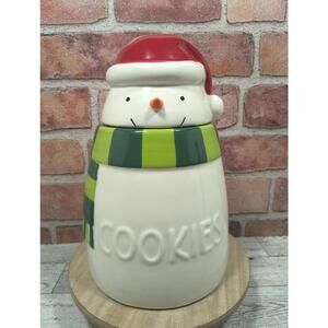 2015 Hallmark Ceramic Snowman COOKIES Jar 9" with Santa Hat and Green Scarf